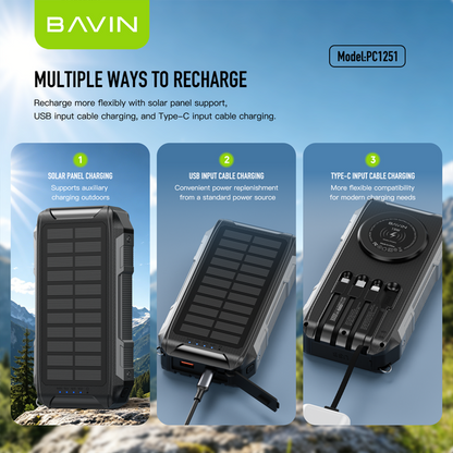 BAVIN PC1251 30000mAh Solar Power Bank PD 22.5W Fast+15W Wireless Charge w/ Cables, LED Light, 3 Output
