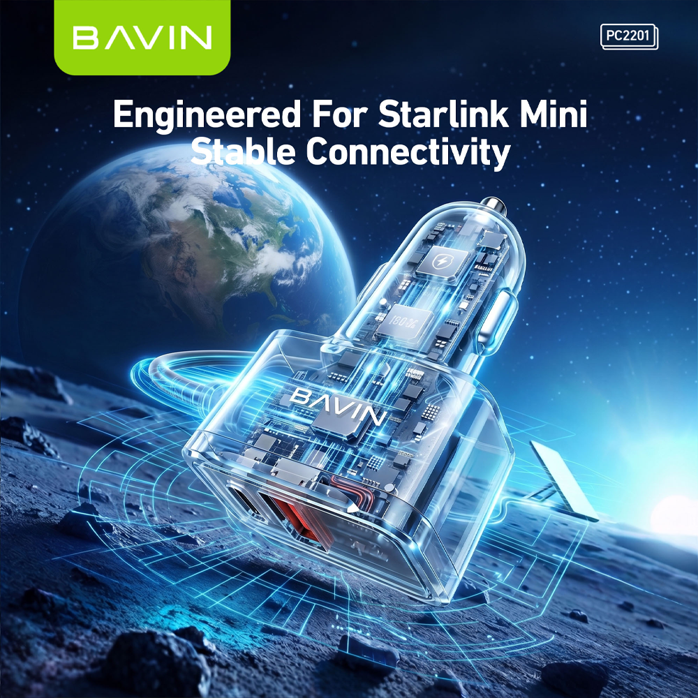 BAVIN PC2201 Starlink Mini 36W PD+QC3.0 Fast DC Power Cable Car Charger w/ Display + Waterproof Outdoor