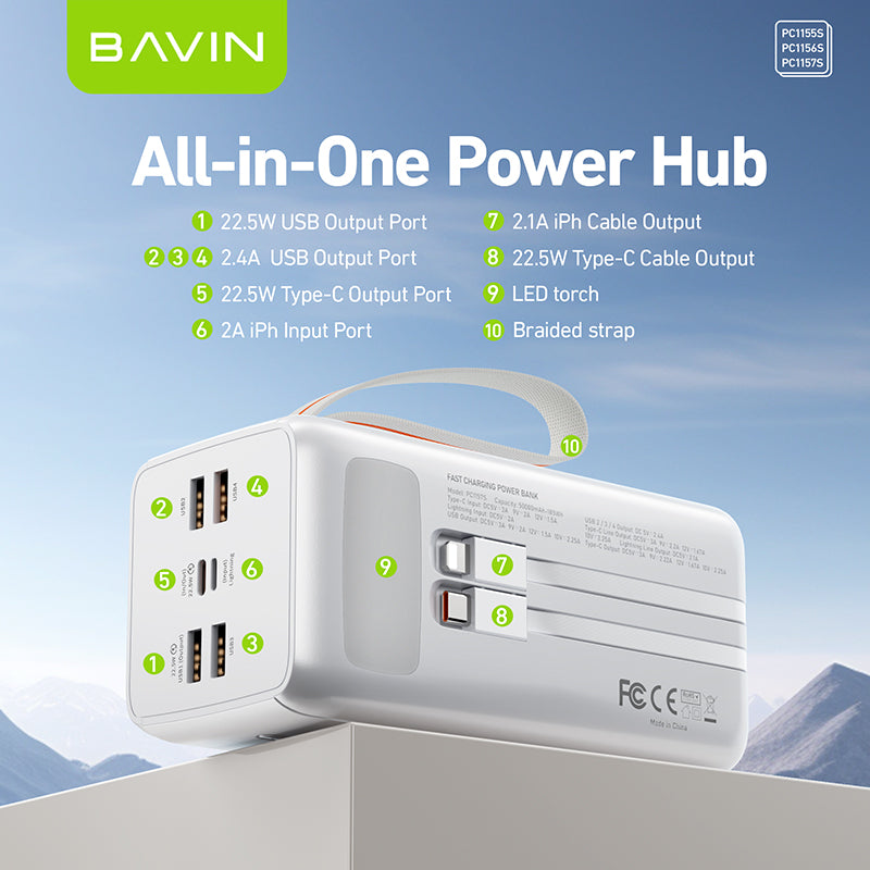BAVIN Y-PC1155 30000mAh / Y-PC1157 50000mAh 22.5W Fast Charging Powerbank w/ Dual Cables & LED Battery