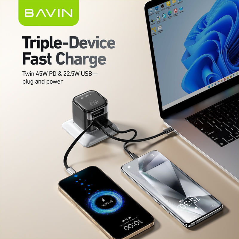 BAVIN C-PC2073 45W PD Fast Charger w/ Built-in Retractable Type-C & iPh Cable, Compatible w/ Smartphone / Laptop & Tablets