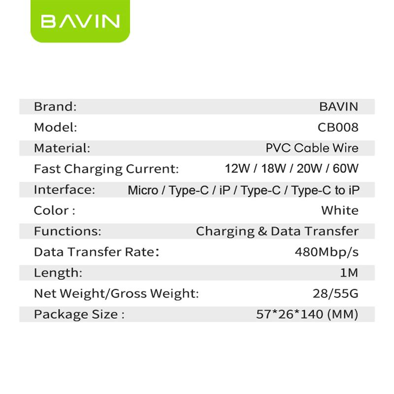 BAVIN U-CB008 12W / 18W / 20W / 60W Fast Charging Qualcomm3.0 Cable Charger High Speed Data Transfer 1/2/3 Meters Cord
