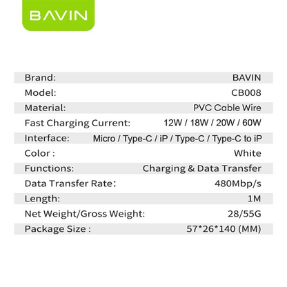 BAVIN U-CB008 12W / 18W / 20W / 60W Fast Charging Qualcomm3.0 Cable Charger High Speed Data Transfer 1/2/3 Meters Cord