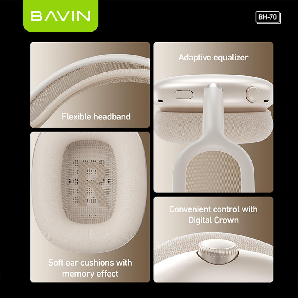 BAVIN HB-BH70 Wireless Bluetooth 6.0 Headphones |40mm Hi-Res Headset w/ Magnetic removable Earpads
