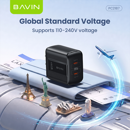 BAVIN PC2187 Portable 45W PD Fast Charger Dual USB C Wall Adapter w/ 1M Cable for iPh 17/Android/Laptop