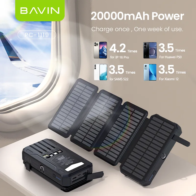 BAVIN PC1119 20000mAh Solar Charging Powerbank Built-In Cable Wireless Charging w/ Waterproof