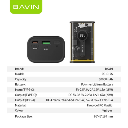 BAVIN PC1012 10000mAh Fast Charging Powerbank with 22.5W USB Charging / Type-C Input & Output