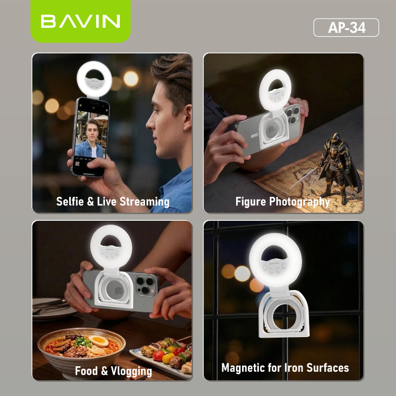 BAVIN P34 2-in-1 Portable Mini Magnetic Selfie LED Fill Light w/ Foldable Stand & 3 Brightness Modes