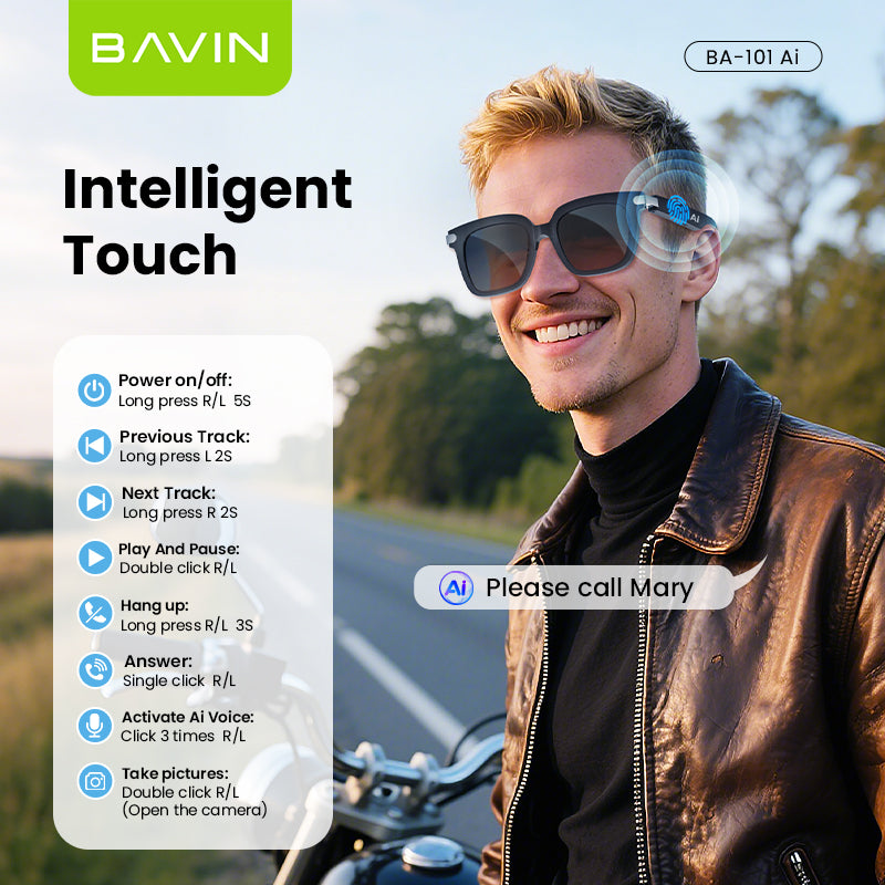BAVIN BA101 Ai Smart Translation Sunglasses BT 5.4 w/ 130+ Languages, Open-Ear Hi-Fi Sound, Touch Control & UV Protection