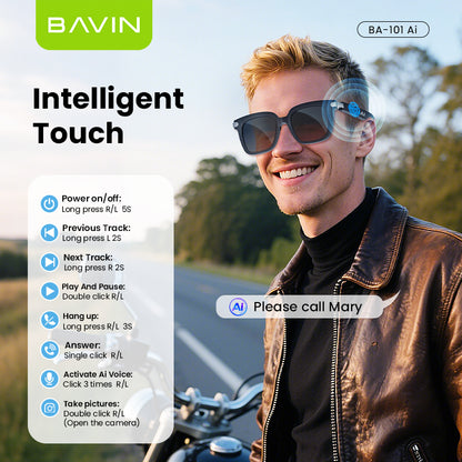 BAVIN BA101 Ai Smart Translation Sunglasses BT 5.4 w/ 130+ Languages, Open-Ear Hi-Fi Sound, Touch Control & UV Protection