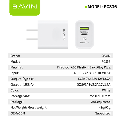 BAVIN C-PC836 20W PD Fast + Qualcomm3.0 Fast Charging Charger Adaptor Dual Port Suitable For iPh 16 Series