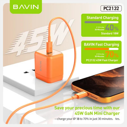 BAVIN PC2132 GaN 45W PD Mini USB-C Fast Charger Wall Adapter w/ Cable for iPhone 18 & Android Devices