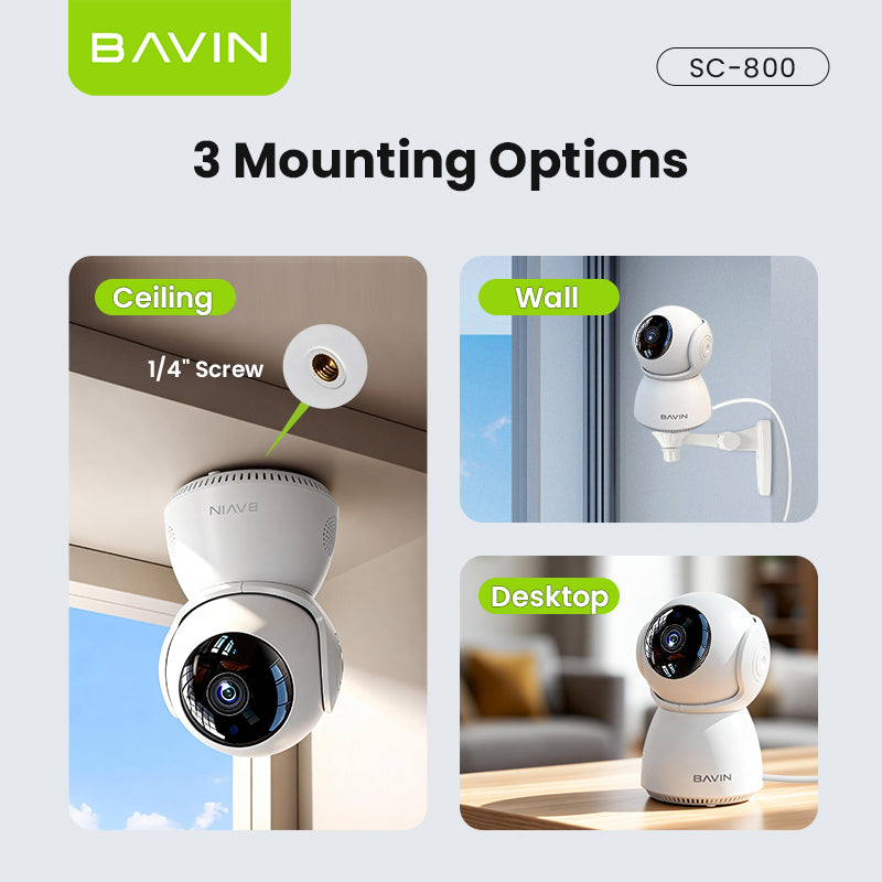 BAVIN SC800 3MP Pan/Tilt Home Security WiFi CCTV Camera | 2-Way Audio & App Control w/ Wall Stand