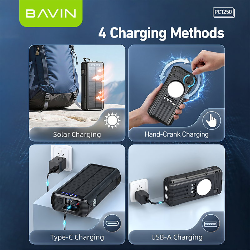 BAVIN PC1250 Portable Multifunctional 40000mAh PD 22.5W Fast Charge Solar Powerbank Built-in Cables