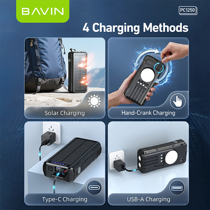 BAVIN PC1250 Portable Multifunctional 40000mAh PD 22.5W Fast Charge Solar Powerbank Built-in Cables