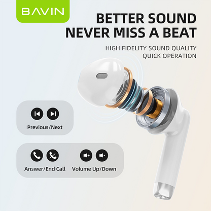 BAVIN HB-BA-19 TWS Wireless Bluetooth Earbuds w/ High Stereo Sound & Touch Control