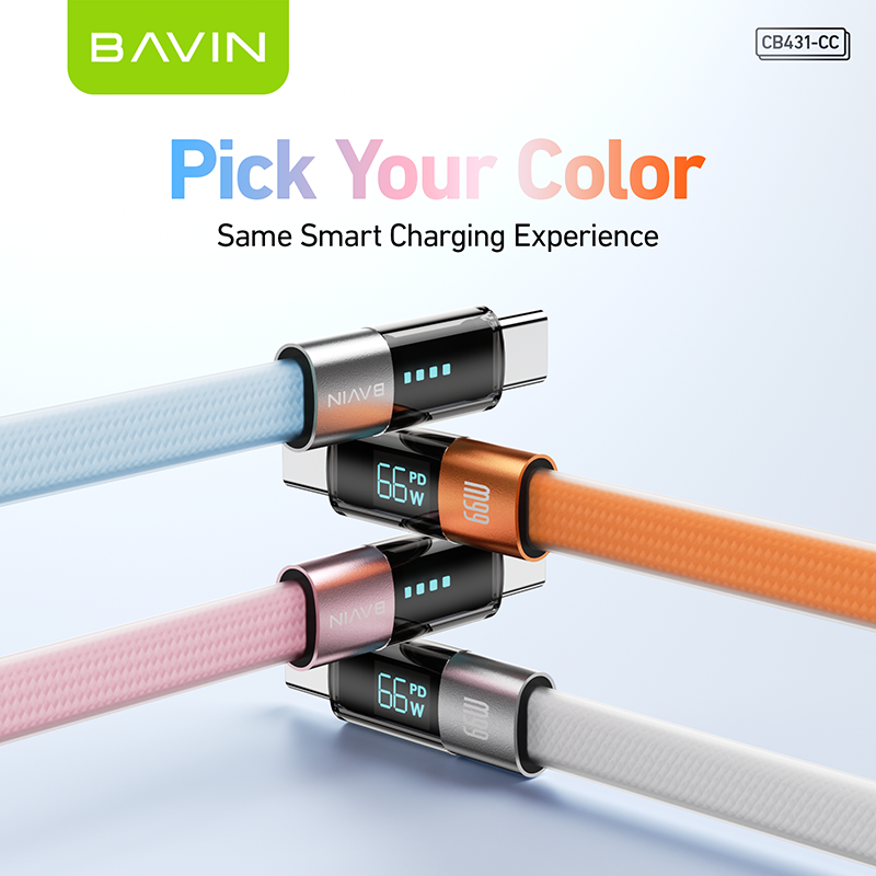 BAVIN CB431 66W PD Fast Charging 1M Braided Data Cable USB to Type-C & Type-C to Type-C w/ LED Display