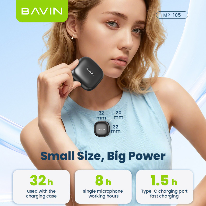 BAVIN MP105 Dual Wireless Microphone 50m Range, Plug & Play w/ 3-Mode Noise Cancellation, Case & LED for Type-C/ iPhone