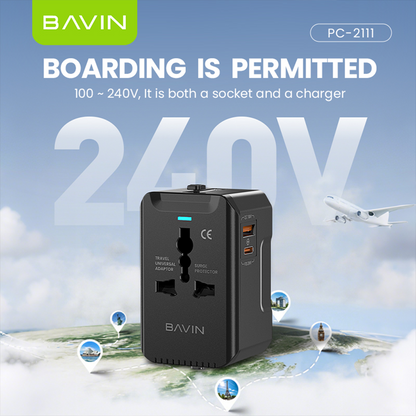 BAVIN PC2111 Universal Travel Adapter 20W Fast Charger USB-A + Type-C + QC | Multi-Port Plug w/LED Light