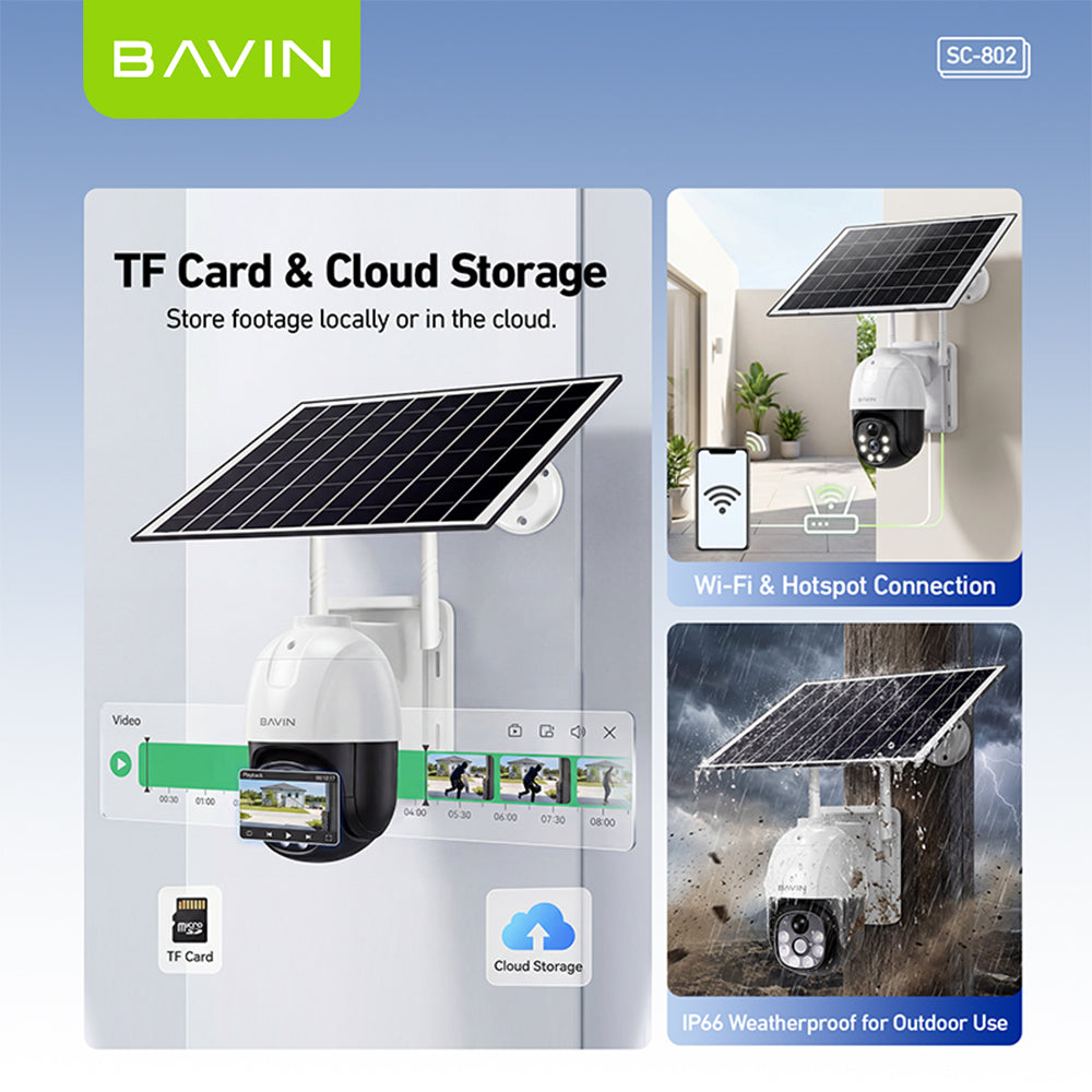 BAVIN SC802 Solar-Powered Outdoor Pan Wireless Security CCTV Camera 5MP HD PTZ Camera w/Weatherproof
