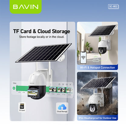 BAVIN SC802 Solar-Powered Outdoor Pan Wireless Security CCTV Camera 5MP HD PTZ Camera w/Weatherproof