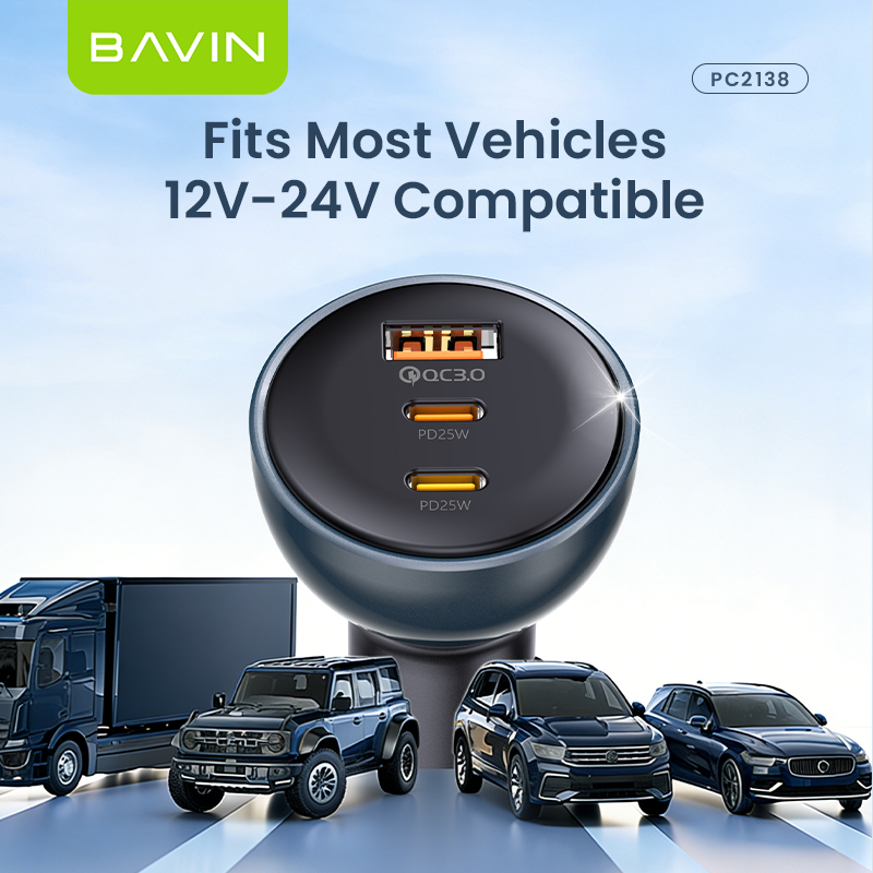 BAVIN PC2138 68W PD Fast Charging Car Charger w/ 25W 2x Type-C + 18W USB Ports QC3.0 for Phone