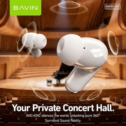 BAVIN BA108 Hi-Res Audio Wireless Bluetooth 6.0 Earbuds ANC+ENC Noise Reduction |Long Battery Life
