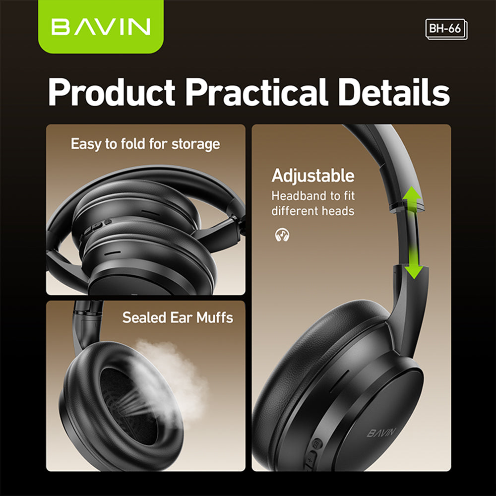 BAVIN HB-BH66 Wireless Bluetooth 5.4 Headphones HiFi Stereo Sound, Foldable & Adjustable Design w/ 3.5mm Audio Jack Support