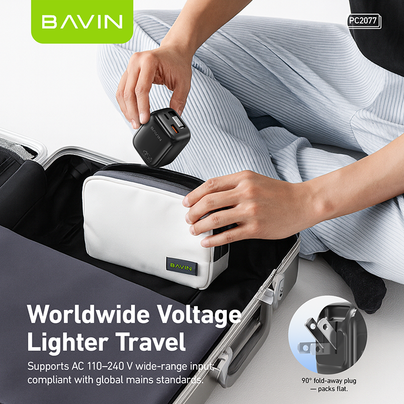 BAVIN PC2077 PD 45W QC3.0 Portable Fast Charging Adapter Charger w/ 70cm Retractable Cable + Foldable AC Plug