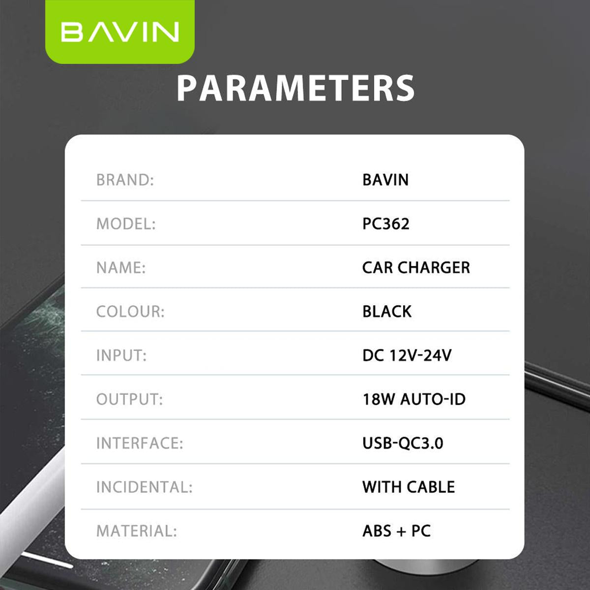 BAVIN C-C-PC362 18W Car Charger w/ Fast Charging USB Port