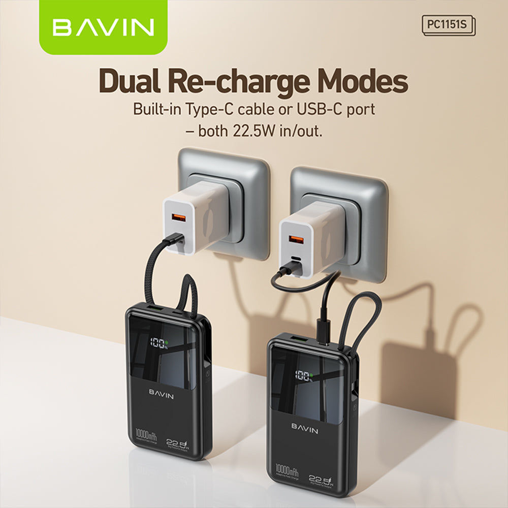 BAVIN PC1151 10000mAh Powerbank w/ 22.5W Triple Fast Charging Built-in Type-C & iPhone Cables | Smart LED Display