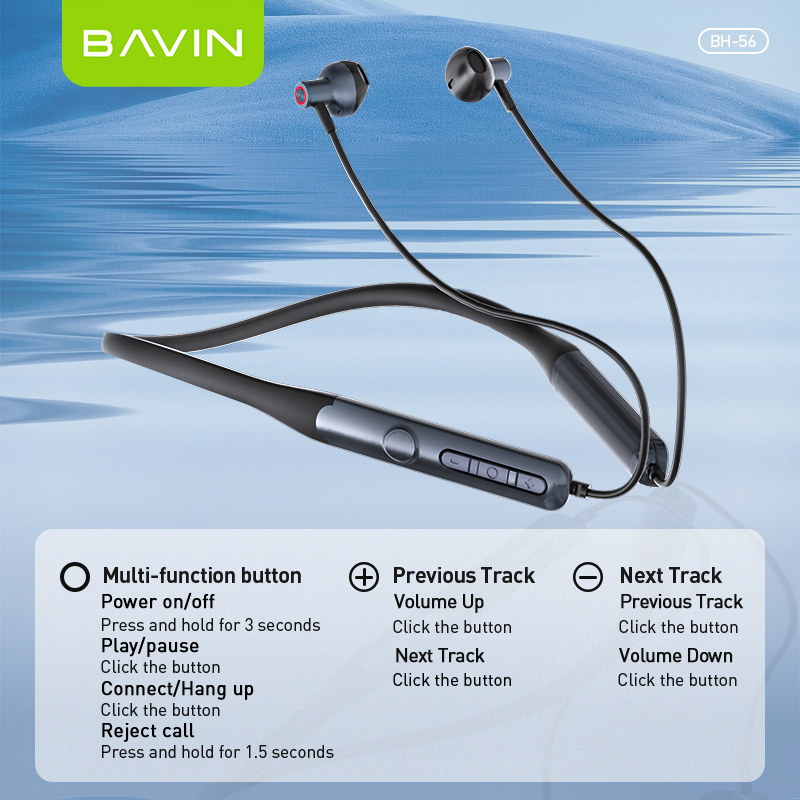 BAVIN HB-BH56 Hi-Fi Bluetooth Neckband Sport Headphones w/Built-In Mic