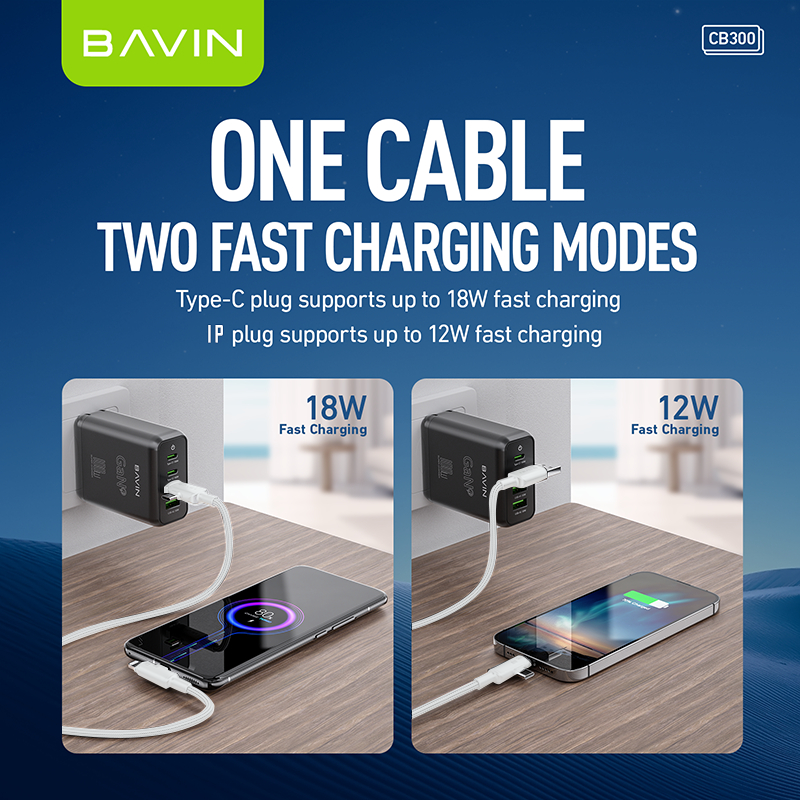 BAVIN CB300 4 in 1 Pd 12W + Type-C 18W Fast Charging Data Cable Nylon Braid Data Transfer for Phones