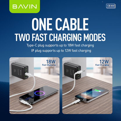 BAVIN CB300 4 in 1 Pd 12W + Type-C 18W Fast Charging Data Cable Nylon Braid Data Transfer for Phones