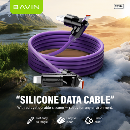 BAVIN U-CB394 60W 4-in-1 Silicone Fast Charging Cable w/ RGB Light Type-C & iPhone for Laptop, Tablet & Phones