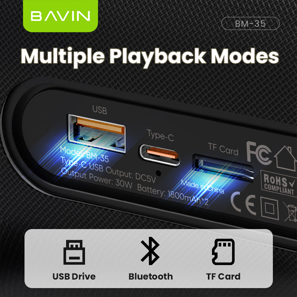 BAVIN BM35 Portable Wireless Bluetooth Speaker 30W TWS Powerful Sound 1800mAh Battery With RGB Light & Lanyard Design