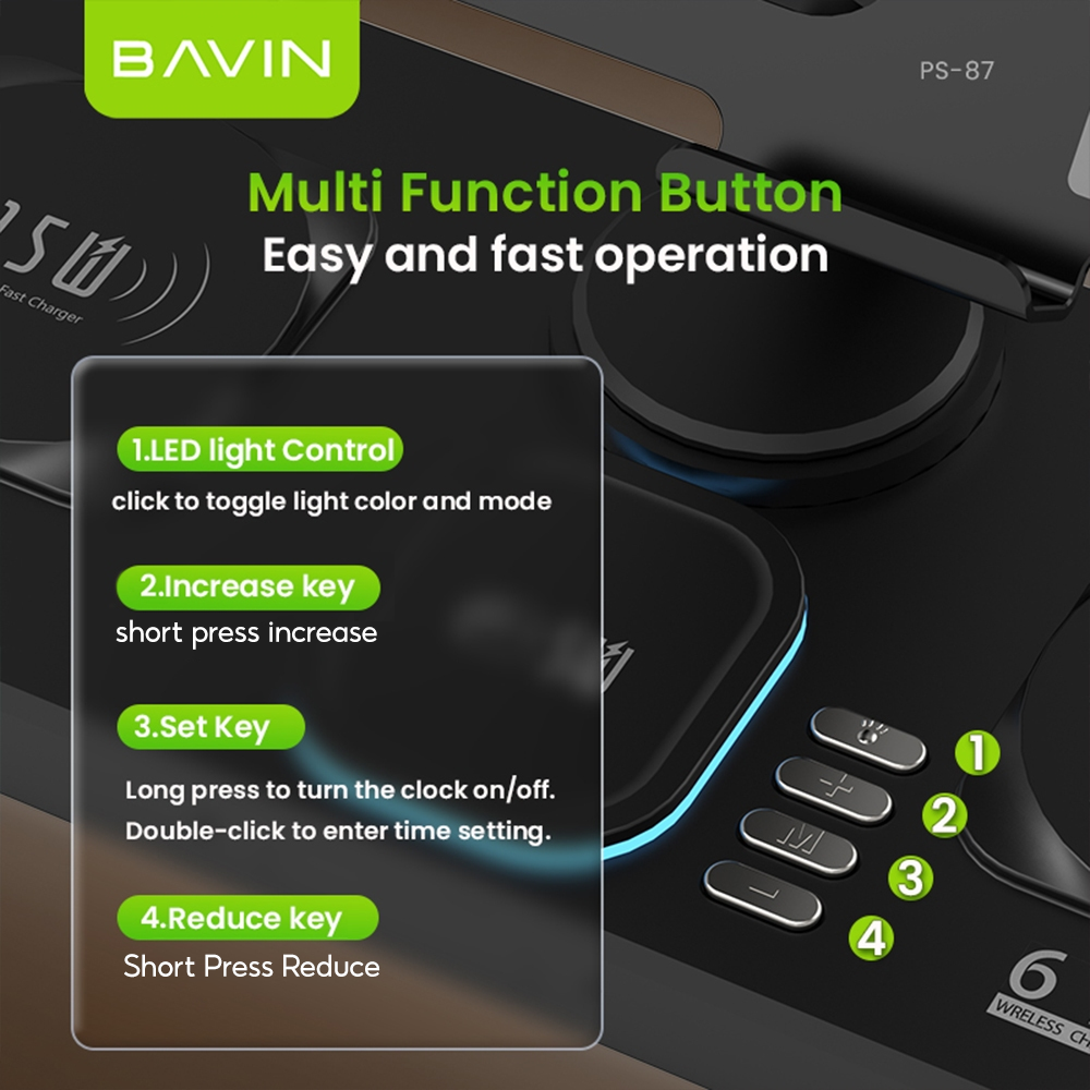 BAVIN D-S-PS87 6in1 Magnetic 15W Wireless Charging Stand w/ LED Light for Phone, Earbuds & Watch