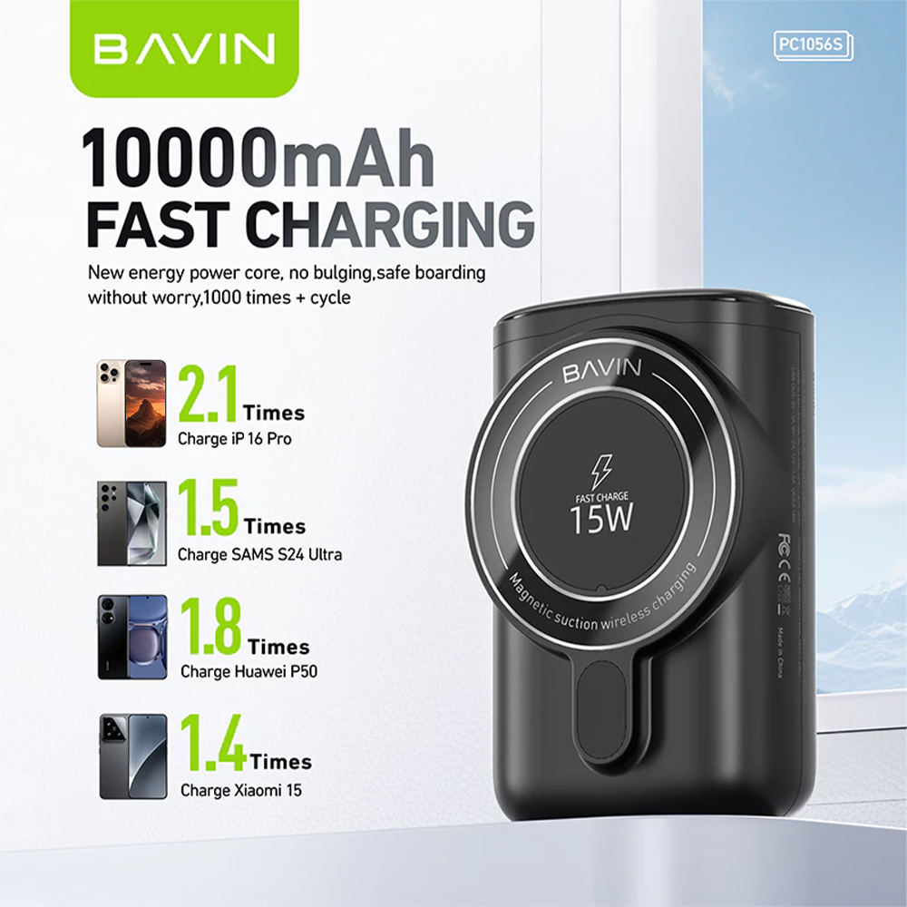 BAVIN PC1056 10000mAh Wireless Powerbank 15W Magnetic Charging with 22.5W USB QC3.0 Fast Charging