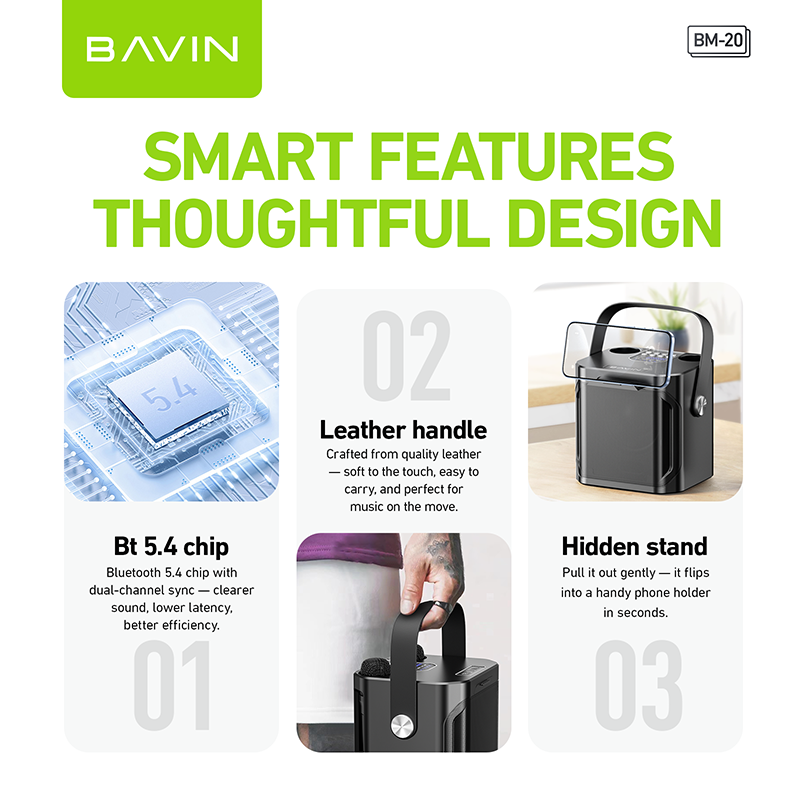 BAVIN DV-BM20 Professional Karaoke Bluetooth 5.0 Portable Speaker w/ Dual Microphones & Phone Stande