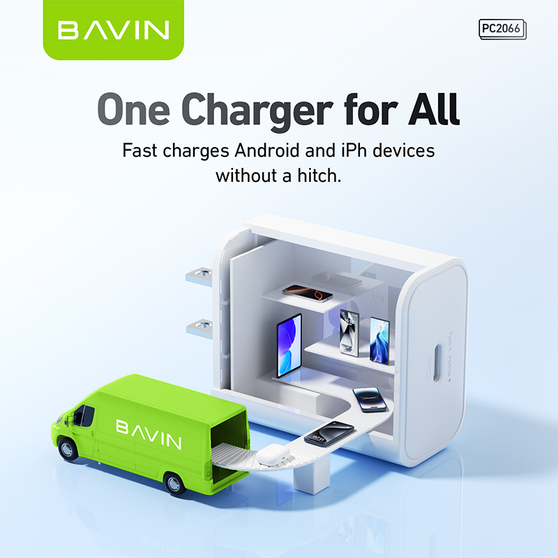 BAVIN C-PC2066-XX 45W GaN PD Fast Charger AC Adapter w/ Type-C to Type-C & Type-C to iPh Cables