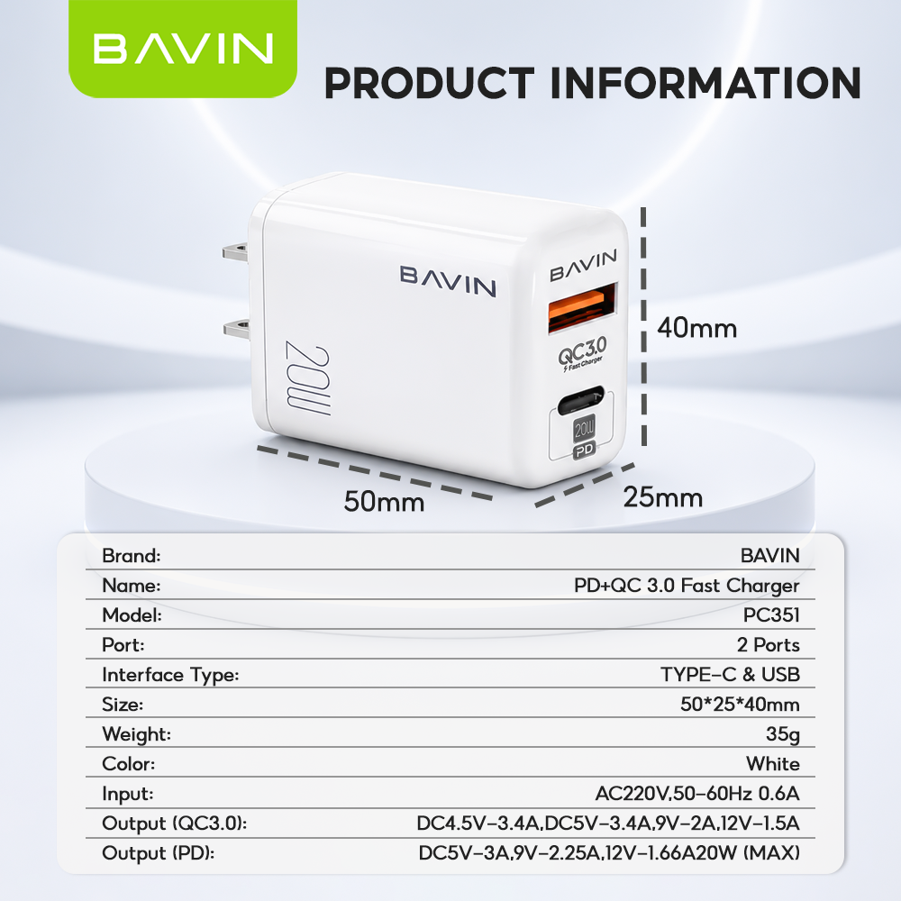 BAVIN PC351 PD Qualcomm3.0 Fast Charging Charger Dual Type-C & Usb Port for iPhone 16