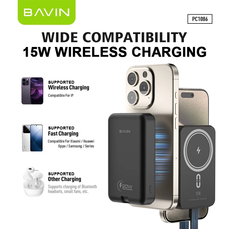 BAVIN PC1086 10000mAh PD 15W Mini Fast Charging Magnetic Powerbank Wireless Compact w/ Magnetic Ring