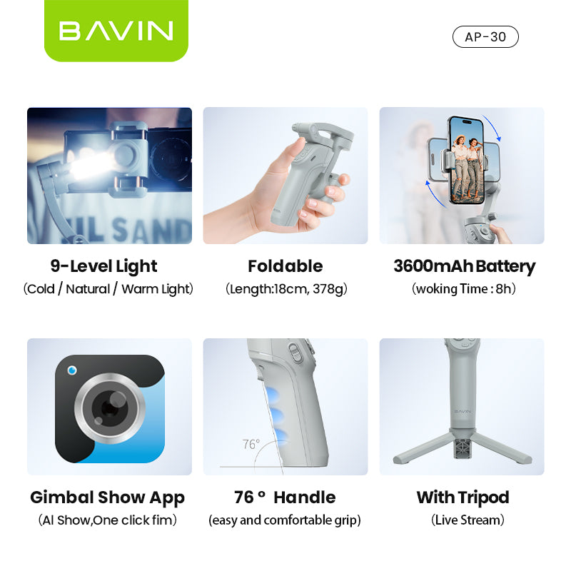 BAVIN P30/P31 Foldable Phone 3-Axis Gimbal Stabilizer w/Tripod/Fill Light/AI Smart Face Tracking