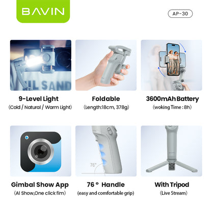 BAVIN P30/P31 Foldable Phone 3-Axis Gimbal Stabilizer w/Tripod/Fill Light/AI Smart Face Tracking