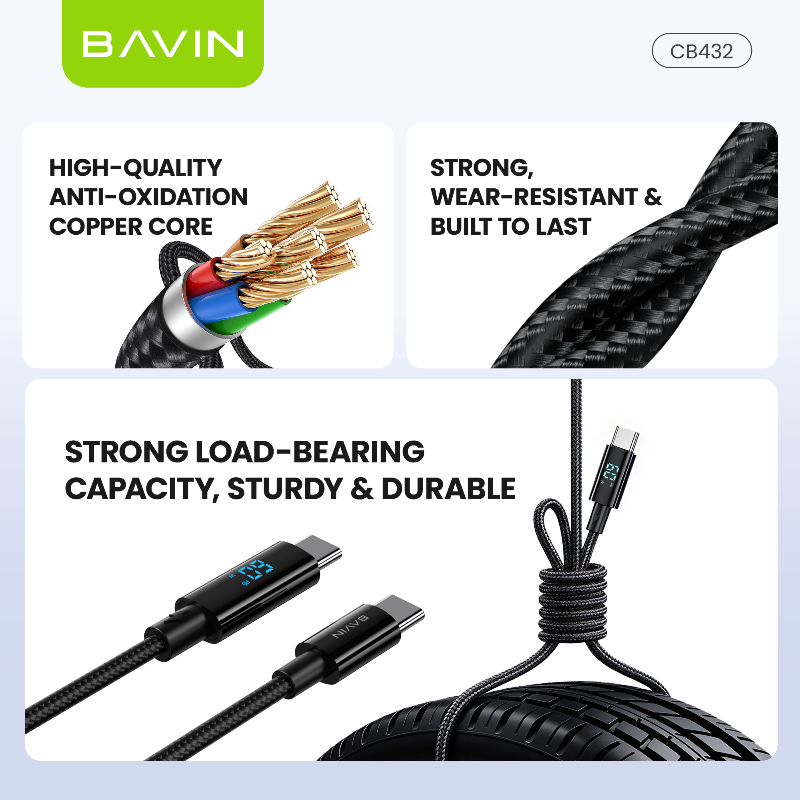 BAVIN CB432 60W PD USB C Fast Charging Data Cable 1M w/ LED Digital Display, Braided Nylon For iPhone 18