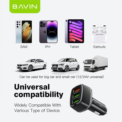 BAVIN PC896 Car Charger Multiple 3 Ports 18W & 12W Ultra Fast Charging USB QC3.0 Cell Phone Quick Charger Adapter