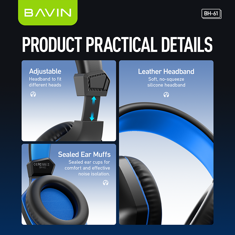 BAVIN HB-BH61 Gaming Wired Headset w/120° Adjustable HD Microphone Blue LED Light for Computers/Laptops Black