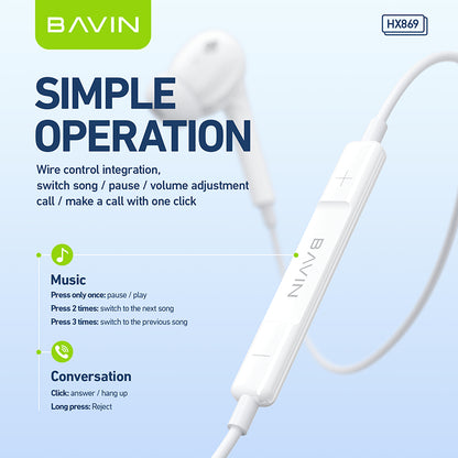 BAVIN HX869 Hi Res Audio Music Wired Earphone Stereo Sounds Widely Compatible for  Type C 3.5mm iPhone