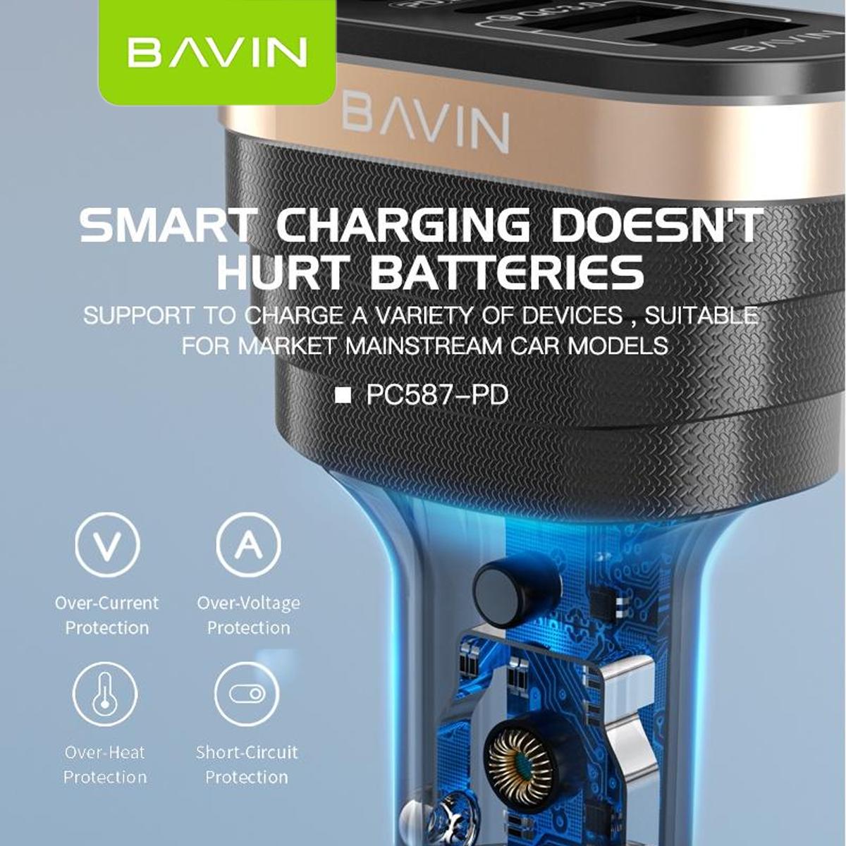 BAVIN PC587 40W Car Charger w/ Dual USB 3.0 + 20W PD Type-C Fast Charging for iPh & Android (Supports iPh17 Series)