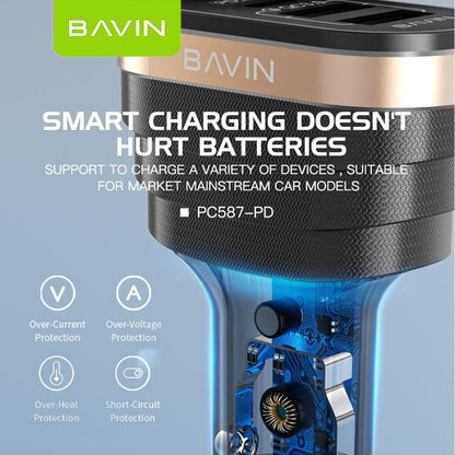 BAVIN PC587 40W Car Charger w/ Dual USB 3.0 + 20W PD Type-C Fast Charging for iPh & Android (Supports iPh17 Series)