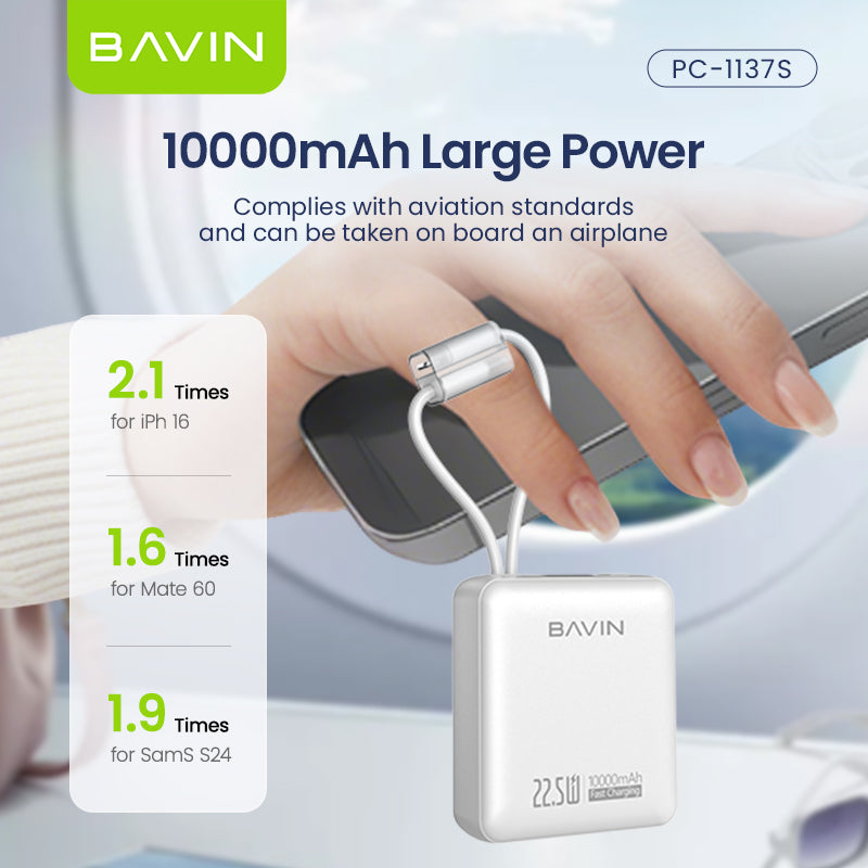 BAVIN PC1137 10000mAh Mini Powerbank 22.5W Fast Charging w/ Built-in Cables Compatible for Android & iPhone 6-17 Series
